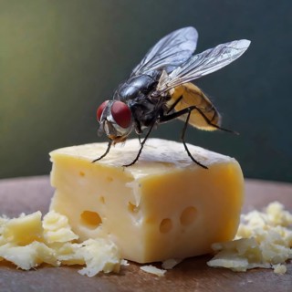 Symbol, animal, insect, close-up of a blowfly on a piece of cheese, Calliphoridae, Calliphora