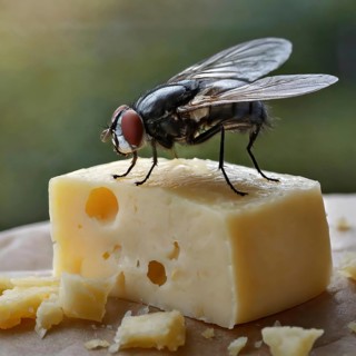Symbol, animal, insect, close-up of a blowfly on a piece of cheese, Calliphoridae, Calliphora