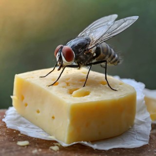 Symbol, animal, insect, close-up of a blowfly on a piece of cheese, Calliphoridae, Calliphora