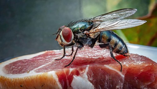 Symbol, animal, insect, close-up of a blowfly on a piece of meat, Calliphoridae, Calliphora vicina,