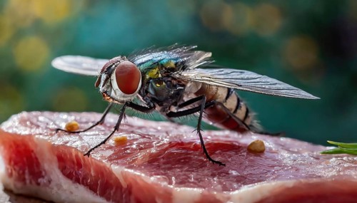 Symbol, animal, insect, close-up of a blowfly on a piece of meat, Calliphoridae, Calliphora vicina,