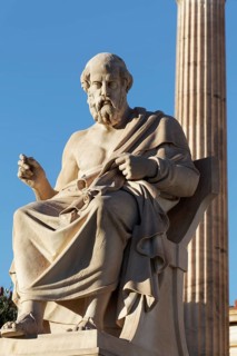 Sculpture of the Greek philosopher Plato, Plato, blue sky, sculptor Leonidas Drosis, Academy of