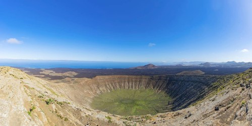 Panorama from the crater rim into the crater of Caldera Blanca, Parque Natural de Los Volcanes,