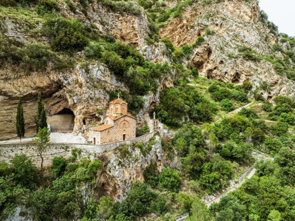Stâ©. â©â¦Michael's Church, Byzantine â©â¦church in Berat from a drone, Osum River, Albania,