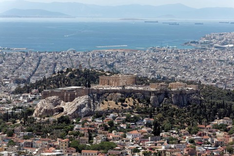 View over the Acropolis to Piraeus and the Saronic Gulf, from Lycabettus, Lykavittos, Athens,