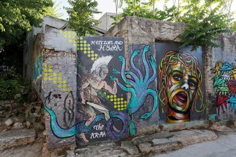 Hercules, Hydra and Medusa, murals in the Anafiotika neighbourhood, street art, Athens, Greece,