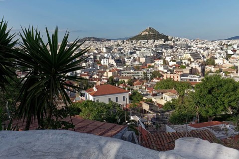 Plaka neighbourhood, Kolonaki and Likavittos Hill, Lycabettus, view from Anafiotika, Athens,