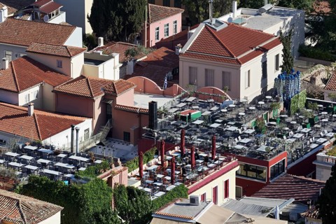View of rooftop terraces of restaurants in the old town district of Plaka, Athens, Greece, Europe