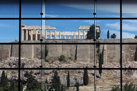 View of the Acropolis through the windows of the museum restaurant, Acropolis Museum, architect