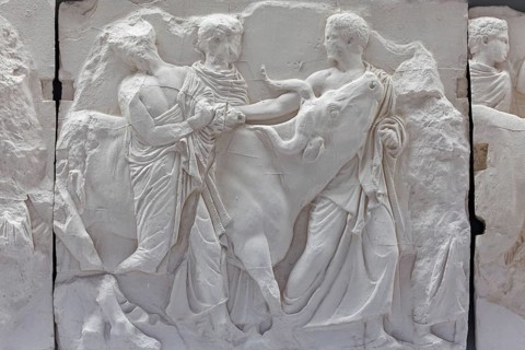 Men with bull, scene from the Parthenon frieze, reconstruction, Acropolis Museum, architect Bernard