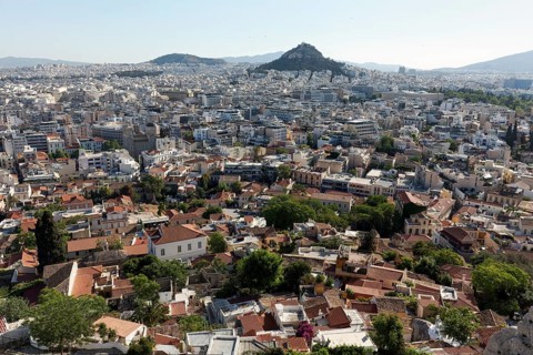 View of Plaka district, city centre and Likavittos hill, Lycabettus, Athens, Greece, Europe
