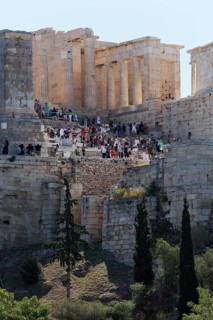 Propylaea, tourists climbing the Grand Staircase, Acropolis, Athens, Greece, Europe