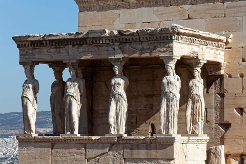 Erechteion, Koren Hall with caryatids, temple in Ionic architectural style, Acropolis, Athens,