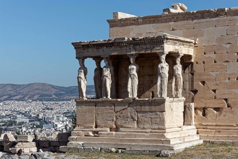 Erechteion, Koren Hall with caryatids, temple in Ionic architectural style, Acropolis, Athens,