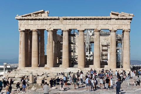 Parthenon Temple, in front of it many tourists, Acropolis, Athens, Greece, Europe