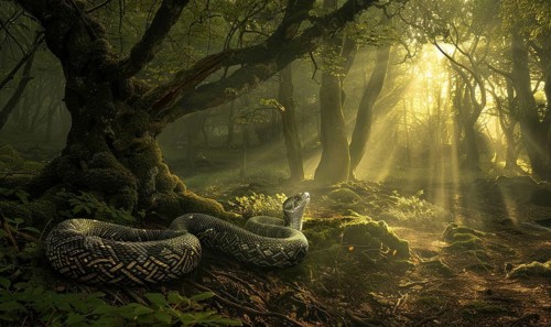 Snake near the old tree in enchanted forest AI generated
