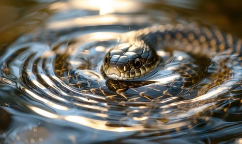 Snake coiling in shallow water, AI generated