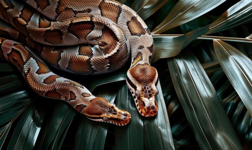 Boa constrictor on palm leaves AI generated