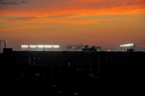 Sunset over Camden Yards, home of Oriole Stadium and the Baltimore Orioles baseball team,
