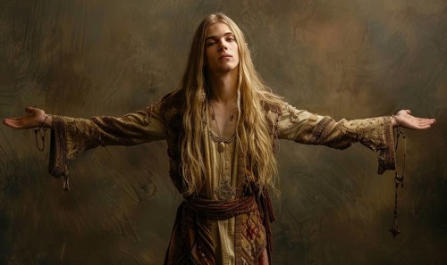 Ethereal portrait of a young man with long blonde hair adorned in ethnic elven clothes against a
