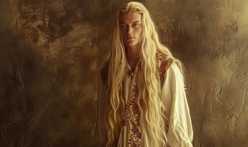 Ethereal portrait of a young man with long blonde hair adorned in ethnic elven clothes against a