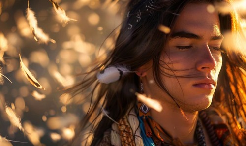 Ethereal portrait of a young man with flowing long hair and clothes decorated with feathers, young