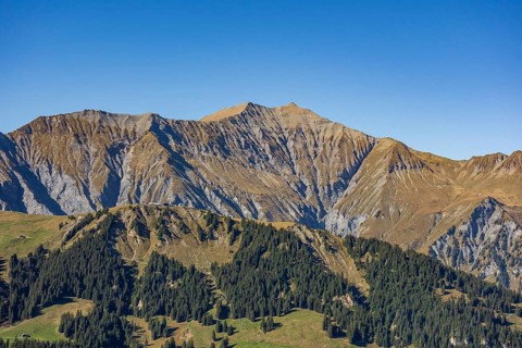 Mountain landscape with wooded slopes and clear peaks under a blue sky, saas Fee, Alps,