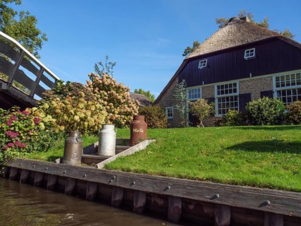 A house with thatched roof and well-tended garden, flowers and milk cans in the foreground, bright