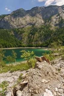 A tranquil lake with mountains in the background and lush vegetation, Gosau, Austria, Europe
