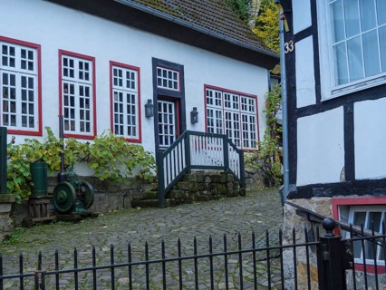 Half-timbered house with white faÃ§ade and red window frames, bacteria-rich plant and entrance