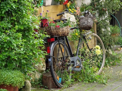 Bicycle decorated with flowers and plants to create a rustic garden atmosphere, Westerholt, Herten