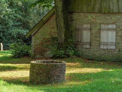 An old well stands next to a weathered house, surrounded by trees and green grass, haaksbergen, .