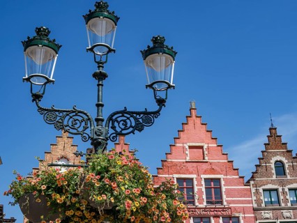 Lamp post with hanging flowers in the foreground, behind it historic brick houses with curved