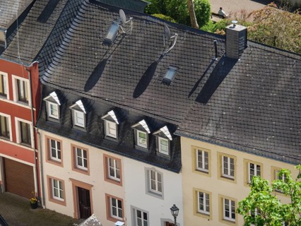 House roofs in an urban area with skylights and satellite dishes, facades in different colours,