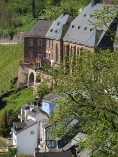 Old stone house and modern houses on a steep slope with a vineyard in the background, Saarburg,