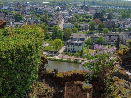 View from a hill on a town with a river, many buildings and green trees, Saarburg, germany