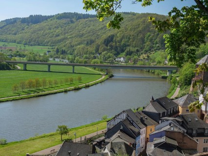 Panorama of a river, crossing bridge, green surroundings and houses at the foot of wooded