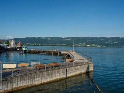 Harbour with a jetty and calm water, wooden railings on the jetty and a natural backdrop of