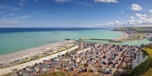 Le treport beach town panorama, Normandy, France. Seascape travel background, aerial panoramic view