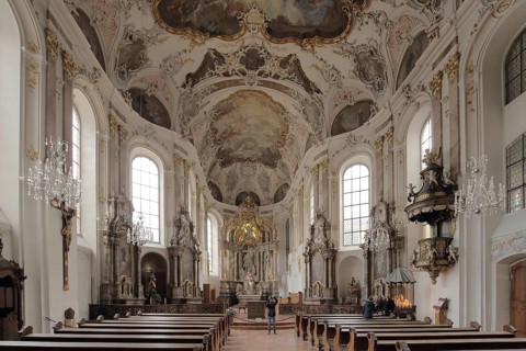 Interior view of baroque Augustinian church, magnificent, ceiling fresco, arts and crafts, historic