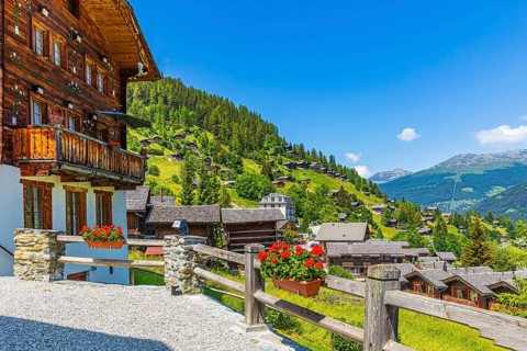 Old wooden house with terrace, view of Grimentz, Val d'Anniviers, Valais Alps, Canton Valais,