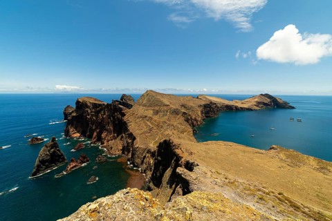 Sao Lourence Eastern Part of Madeira Island on Sunny Day. Abismo Viewpoint. Cliffs, Mountains and