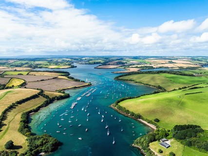 Salcombe and Mill Bay over Kingsbridge Estuary from a drone, Batson Creek, Southpool Creek, Devon,