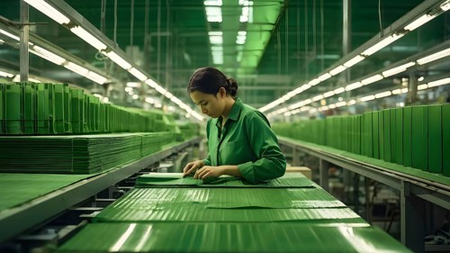 Close up view in green factory symbolizing green washing concept, AI generated
