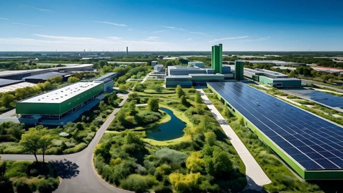 Aerial view showcasing a green factory symbolizing green washing concept, AI genrated, AI generated