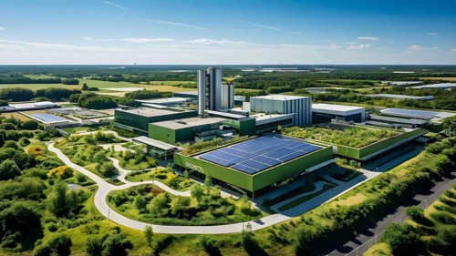 Aerial view showcasing a green factory symbolizing green washing concept, AI genrated, AI generated