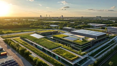 Aerial view showcasing a green factory symbolizing green washing concept, AI genrated, AI generated