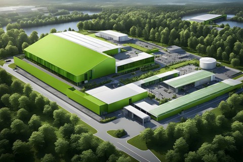 Aerial view showcasing a green factory symbolizing green washing concept, AI genrated, AI generated