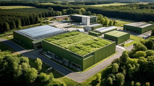 Aerial view showcasing a green factory symbolizing green washing concept, AI genrated, AI generated