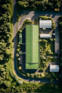 Aerial view showcasing a green factory symbolizing green washing concept, AI genrated, AI generated